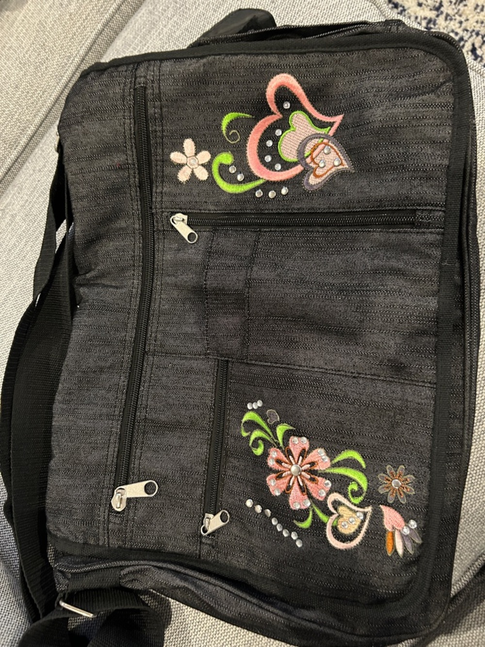 Athletech Black Laptop Bag with Pink & Green Floral Embroidery